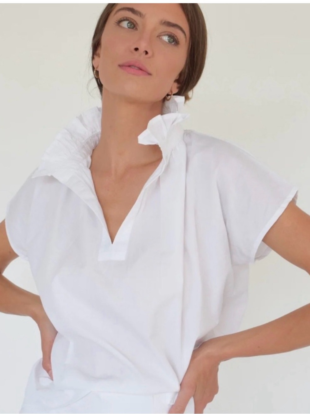 Never a Wallflower White Ruffled Collar Short Sleeve Top